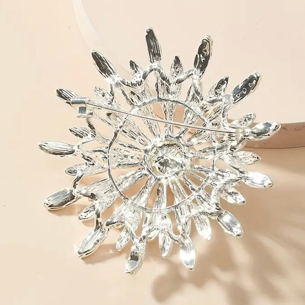 Ivory pearl crystal sunburst brooch styled on a blazer or coat for an elegant statement, Ship From USA, by Pnr Decor.