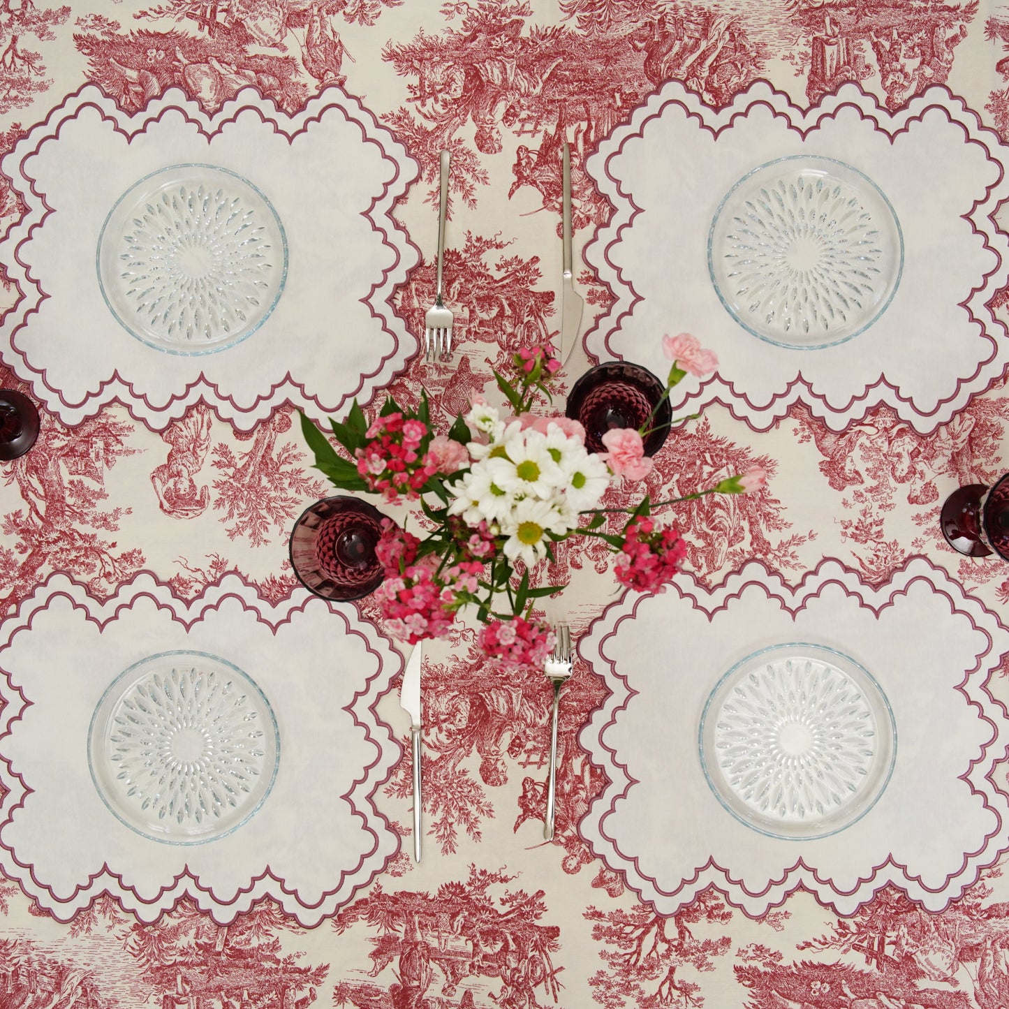 Ivy pink placemat set arranged for a coordinated dining table look by PNRDECOR ship from USA