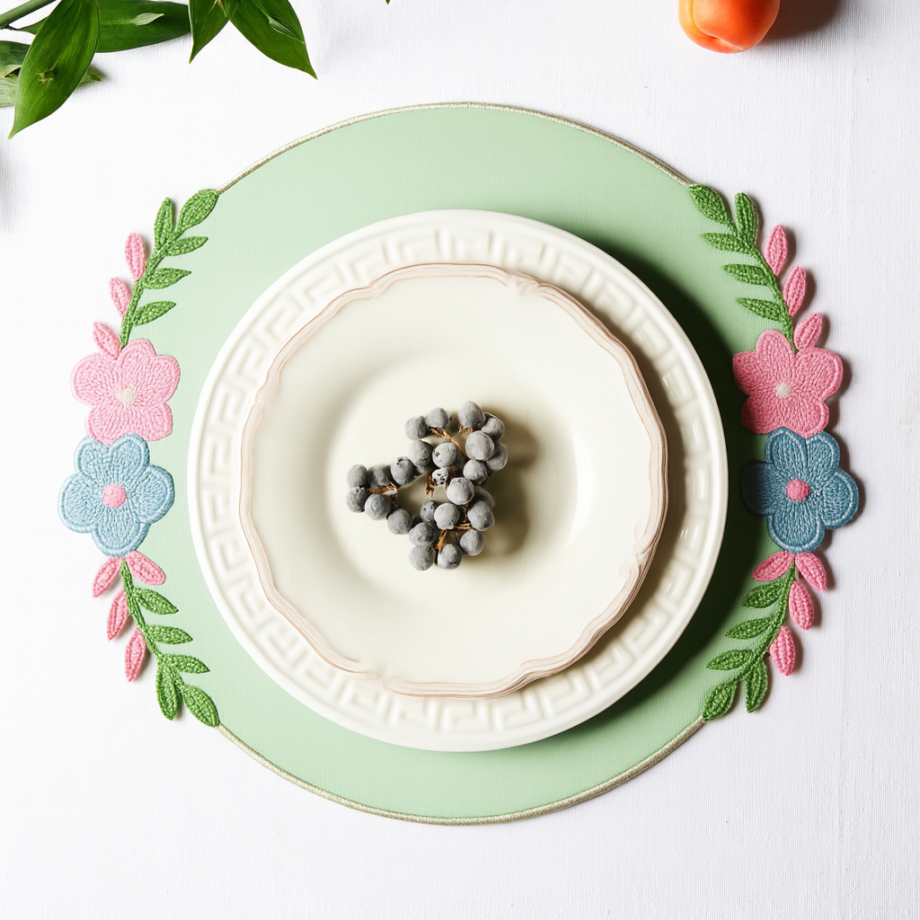 Jasmine light green round faux leather placemat styled for a fresh modern table setting by PNRDECOR ship from USA