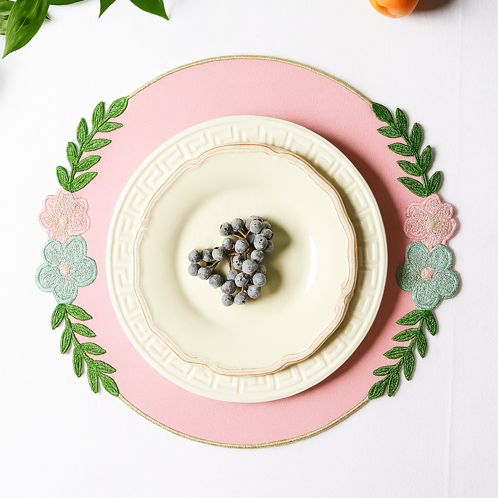 Jasmine light pink round faux leather placemat styled for a soft elegant table setting by PNRDECOR ship from USA
