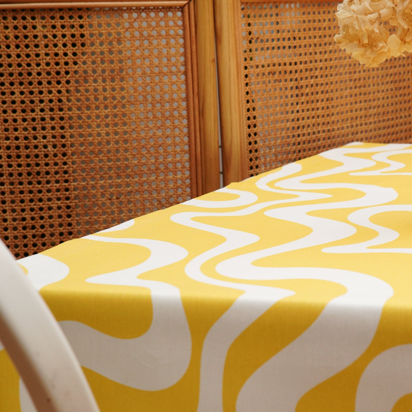 Kivo yellow & white custom rectangle tablecloth crafted from OEKO-TEX® certified fabric—water-repellent, low-maintenance, and perfect for stylish gatherings. Ships fast in the USA.