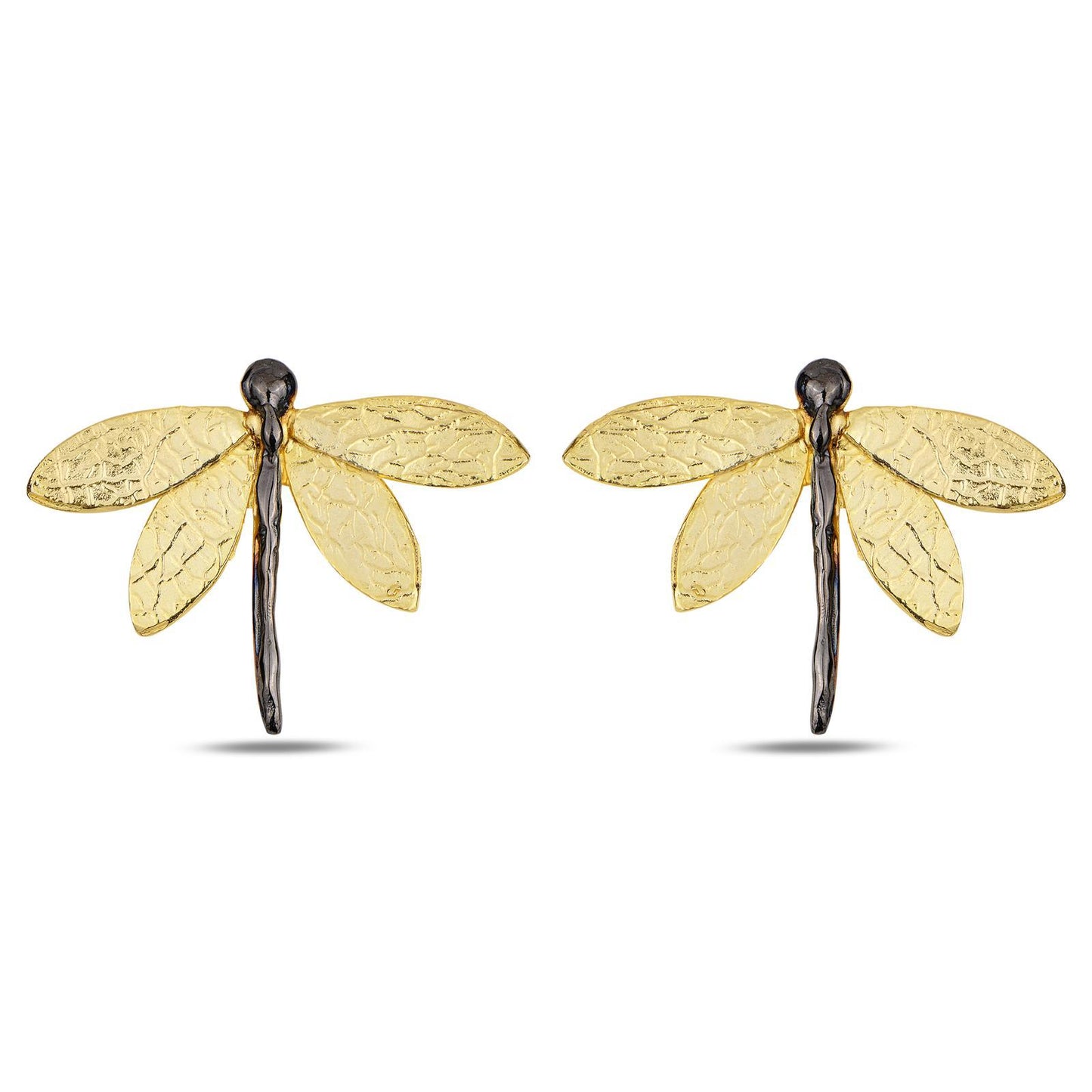 A pair of striking, large dragonfly earrings cast in authentic 925 sterling silver with 18K gold plating, beautifully displayed as a unique botanical and insect-inspired gift.