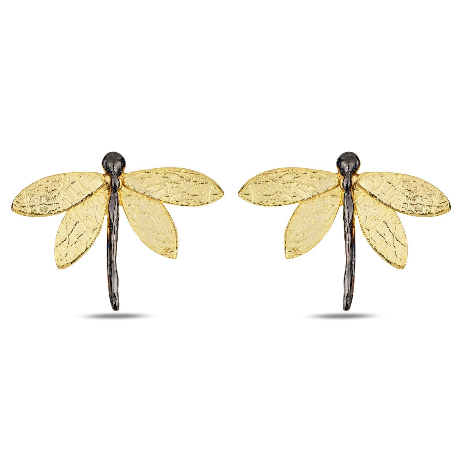 A pair of striking, large dragonfly earrings cast in authentic 925 sterling silver with 18K gold plating, beautifully displayed as a unique botanical and insect-inspired gift.