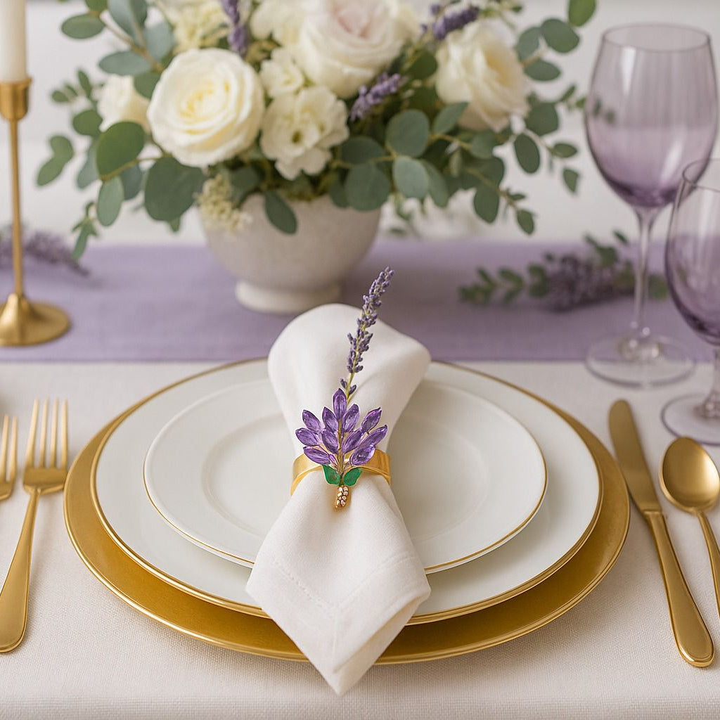 Front view of lavender bloom napkin ring featuring purple crystal flowers and gold leaves.