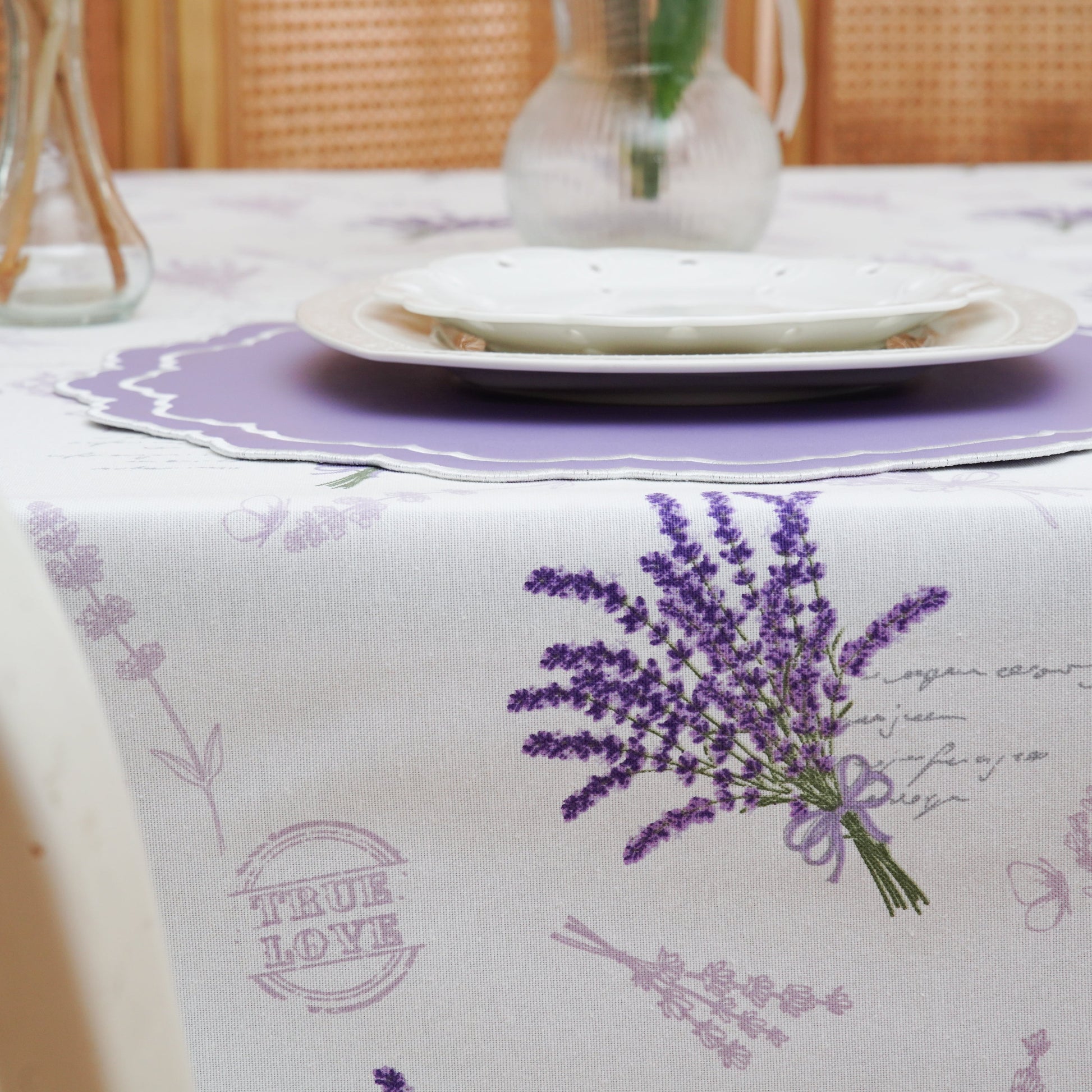 Lavender-themed table linen styled for brunch, garden parties, or spring gatherings with a soft elegant look