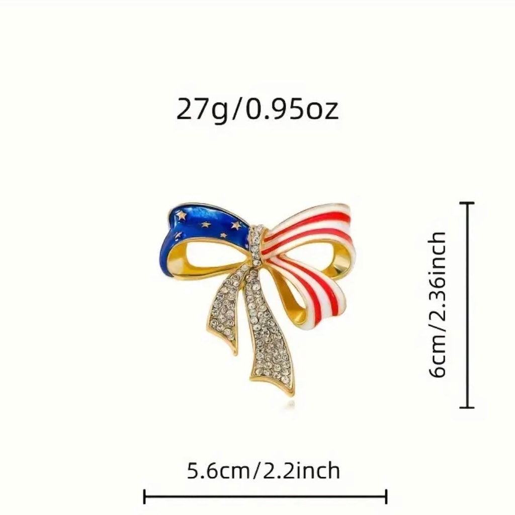 Close-up of the Liberty Bow USA flag brooch showing crystal detailing and sparkling accents, Ship From USA, by Pnr Decor.