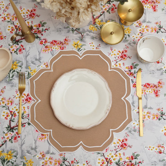 Elegant machine washable embroidered placemat available in custom sizes, ideal for farmhouse dining or seasonal settings, available for fast USA shipping.
