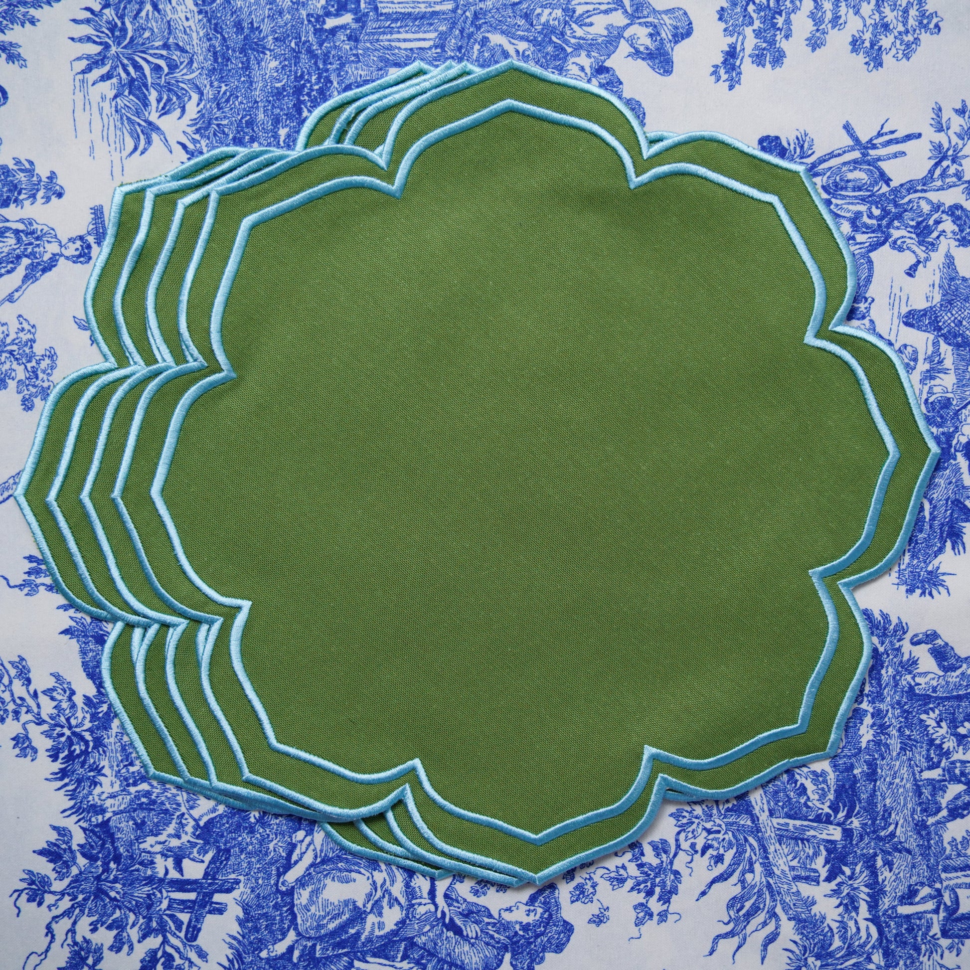 Custom embroidered cotton table linen with silk thread detailing, suitable for luxury dining and everyday use, made to order with USA delivery.