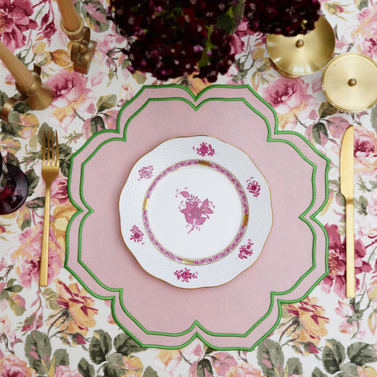 Luxury handmade embroidered cotton placemat with silk thread detailing, perfect for weddings, holidays, and dinner parties, ships quickly from the USA.