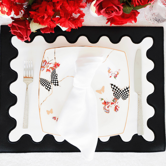 Lustre Black Rectangle Faux Leather Placemat – expertly handcrafted from eco-friendly, vegan faux leather with elegant embroidery and double-layered design, stain-resistant and durable. Exclusively by PNR Decor.