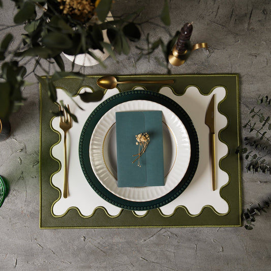 Lustre Dark Green Rectangle Faux Leather Placemat – expertly handcrafted from eco-friendly, vegan faux leather with elegant embroidery and double-layered design, stain-resistant and durable. Exclusively by PNR Decor.
