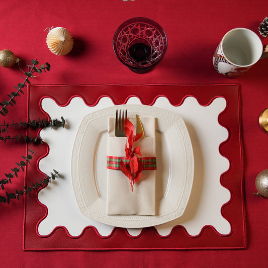 Lustre Red Rectangle Faux Leather Placemat – expertly handcrafted from eco-friendly, vegan faux leather with elegant embroidery and double-layered design, stain-resistant and durable. Exclusively by PNR Decor.