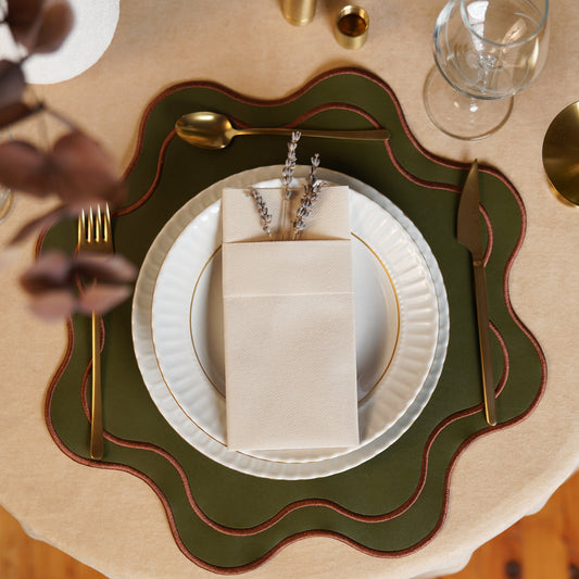 Haven Dark Green Wavy Edge Faux Leather Placemat (Right) – expertly handcrafted from eco-friendly, vegan faux leather with elegant embroidery and double-layered design, stain-resistant and durable.