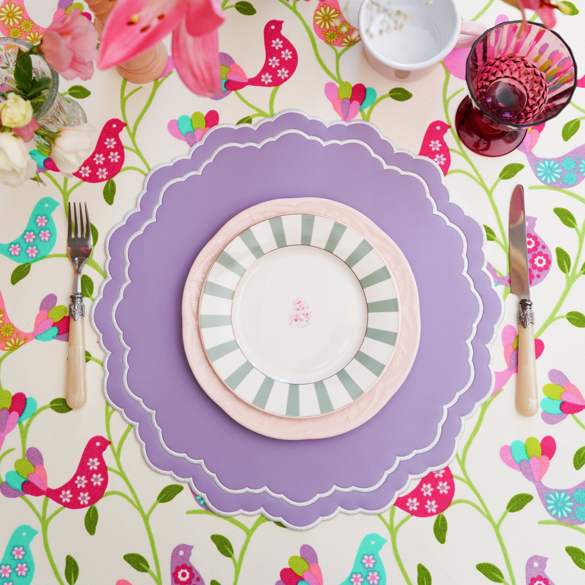 Alice Bird Print Rectangular Tablecloth in Purple, Luxury Cotton Blend, Sustainable & Eco-Friendly, Water Repellent, Easy-Care, Made to Order Sizes, USA Shipping
