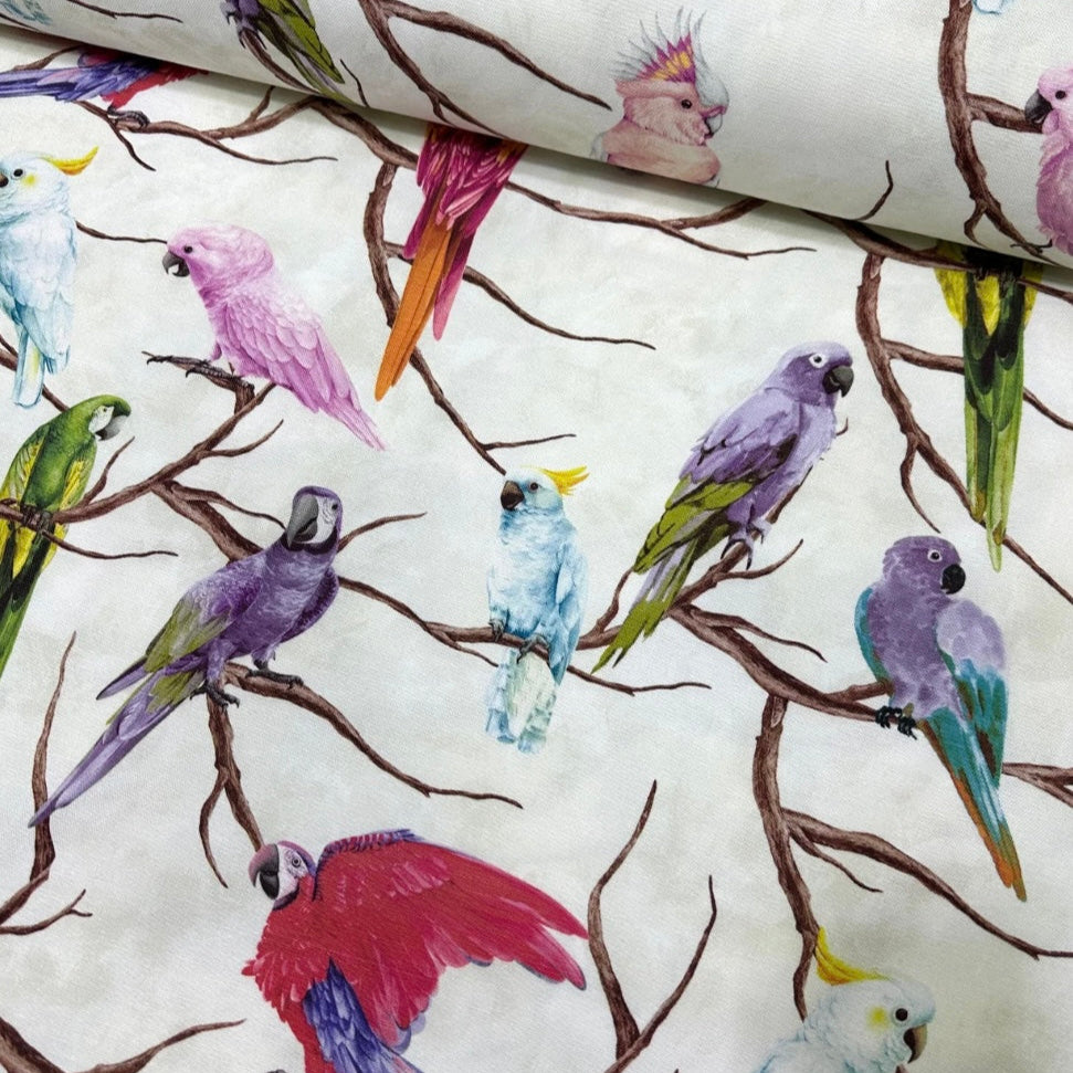 Feathia colorful parrot rectangle tablecloth, luxury cotton blend, eco-friendly, water-repellent, easy-care, custom sizes, USA shipping