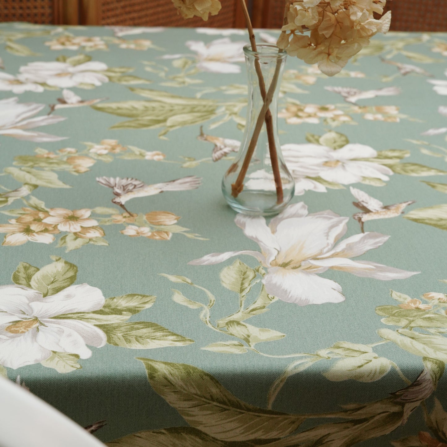 Misty Floral Hummingbird Rectangular Tablecloth – Premium Cotton Blend, Sustainable, Water Repellent, Easy Care, Custom Sizing, Ships USA