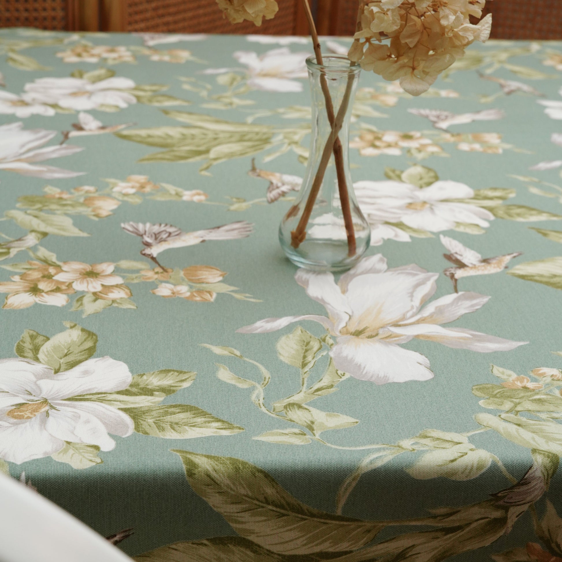 Misty Floral Hummingbird Rectangular Tablecloth – Premium Cotton Blend, Sustainable, Water Repellent, Easy Care, Custom Sizing, Ships USA
