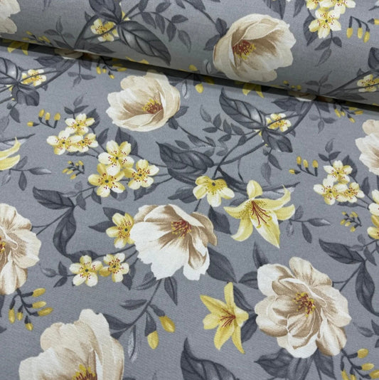 Loila flower gray yellow rectangle tablecloth, luxury cotton blend, eco-friendly, water-repellent, easy-care, custom sizes, USA shipping