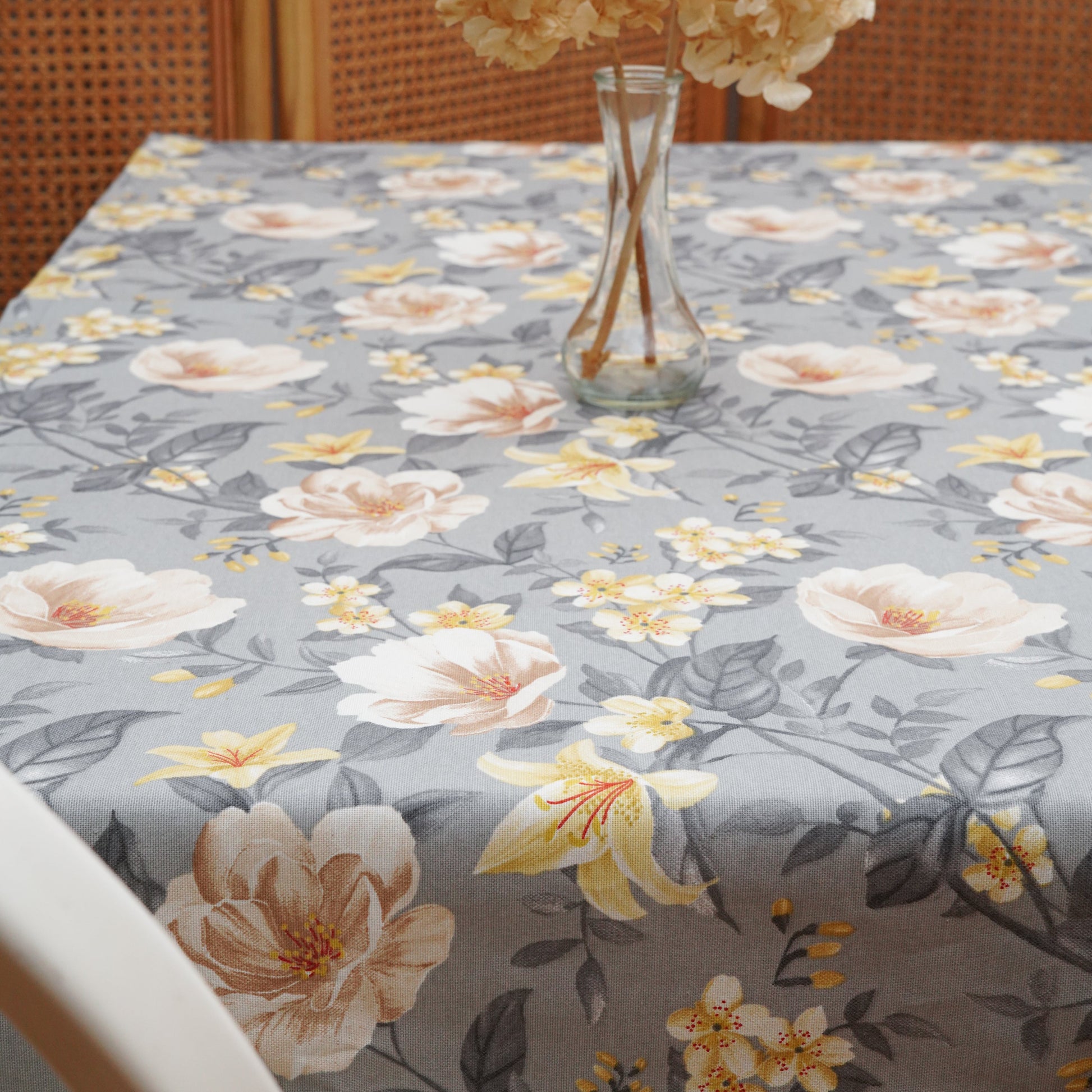 Loila Flower Gray & Yellow Rectangle Tablecloth, Luxury Cotton Blend, Eco-Friendly, Water-Repellent, Easy-Care, Custom Sizes, Fast USA Shipping