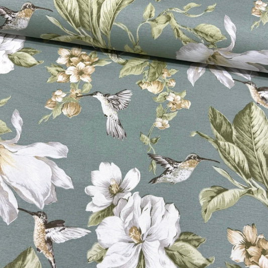 Misty hummingbird floral rectangle tablecloth, luxury cotton blend, eco-friendly, water-repellent, easy-care, custom sizes, USA shipping