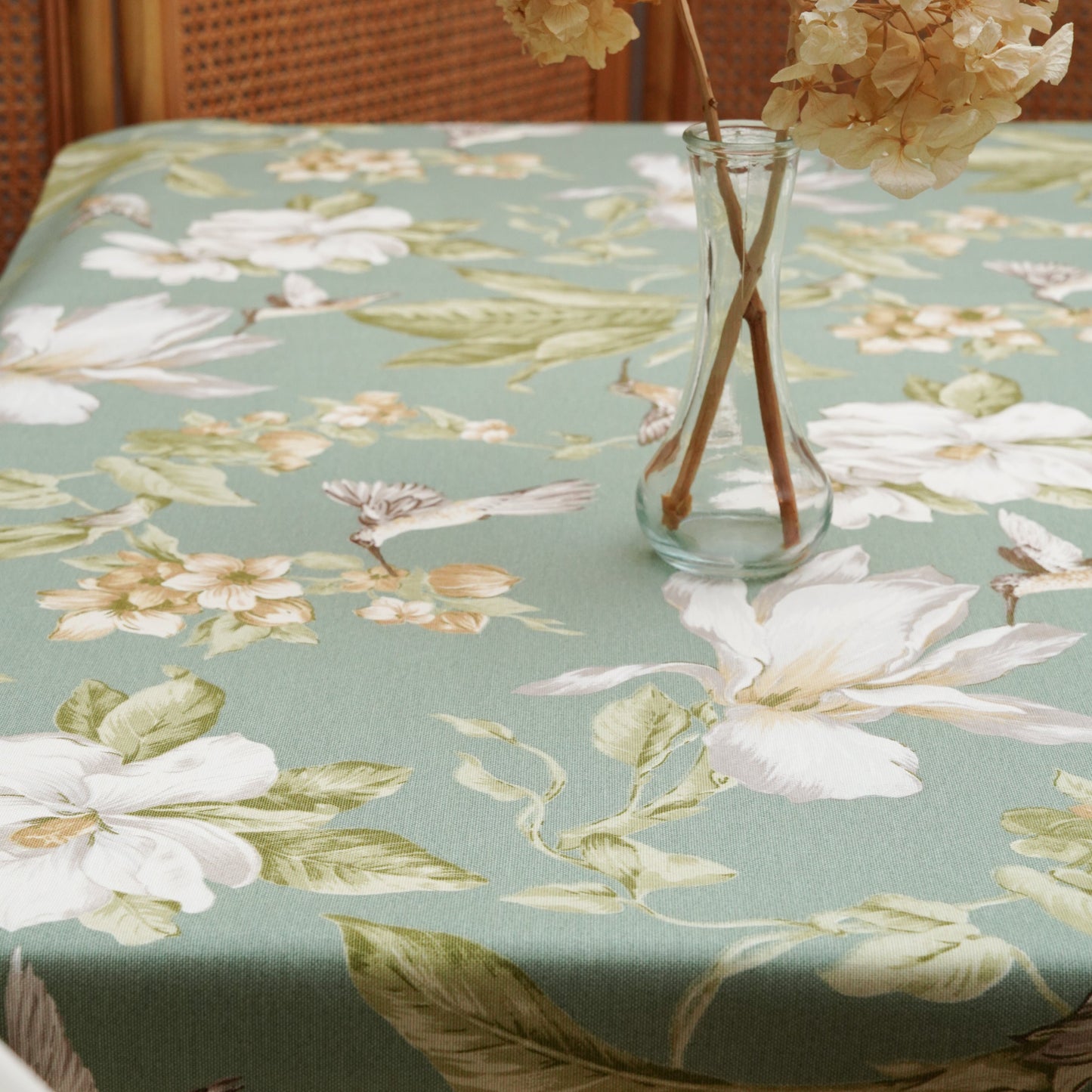 Misty Hummingbird Floral Rectangle Tablecloth, Luxury Cotton Blend, Eco-Friendly, Water-Repellent, Easy-Care, Custom Sizes, USA Shipping