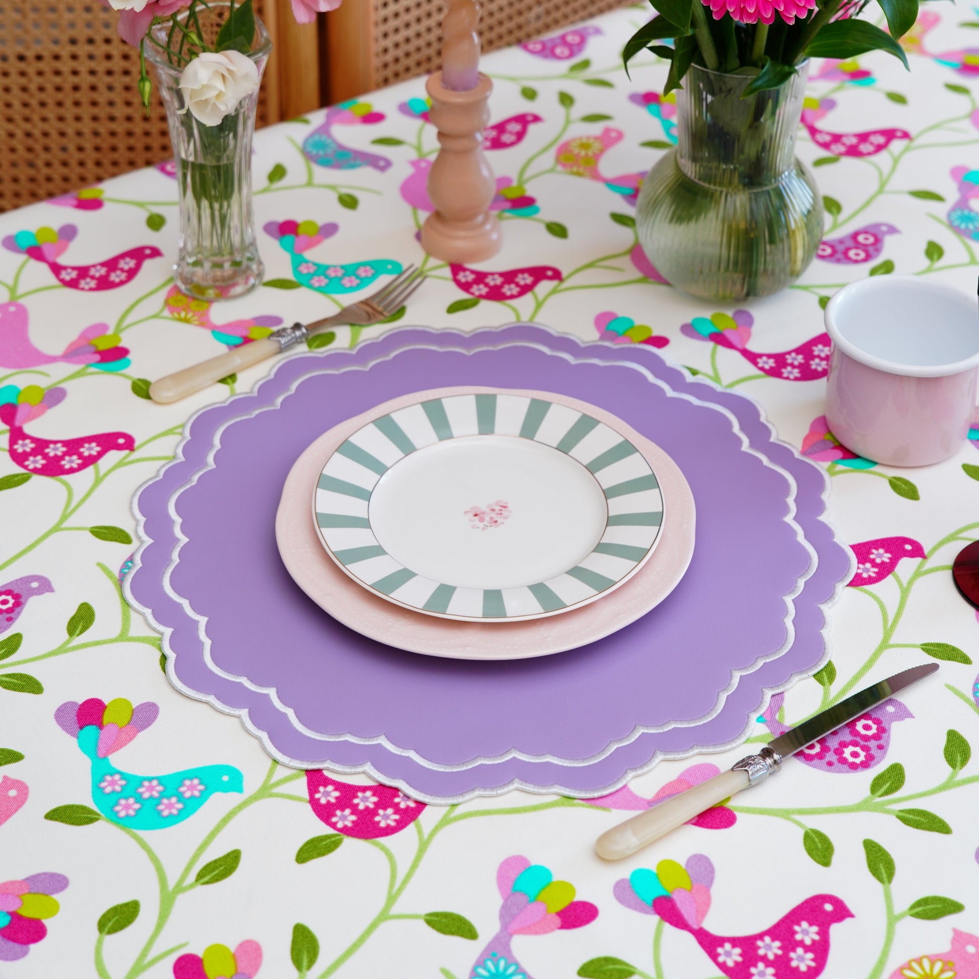 Alice Purple Bird Print Rectangle Table Linen, Luxury Cotton Blend, Eco-Friendly Choice, Water-Repellent, Wrinkle-Resistant Easy Care, Custom Sizes Available, USA Shipping