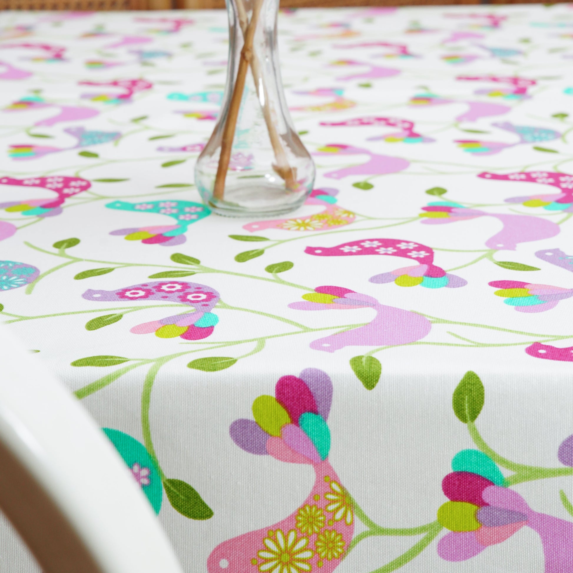 Alice Bird Print Purple Rectangle Tablecloth, Luxury Cotton Blend, Eco-Friendly, Water-Repellent, Easy-Care, Custom Sizes, USA Shipping