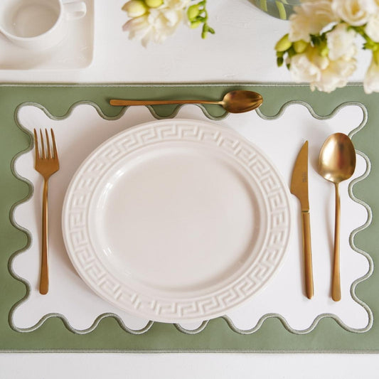 Lustre Green Rectangle Faux Leather Placemat – expertly handcrafted from eco-friendly, vegan faux leather with elegant embroidery and double-layered design, stain-resistant and durable. Exclusively by PNR Decor.