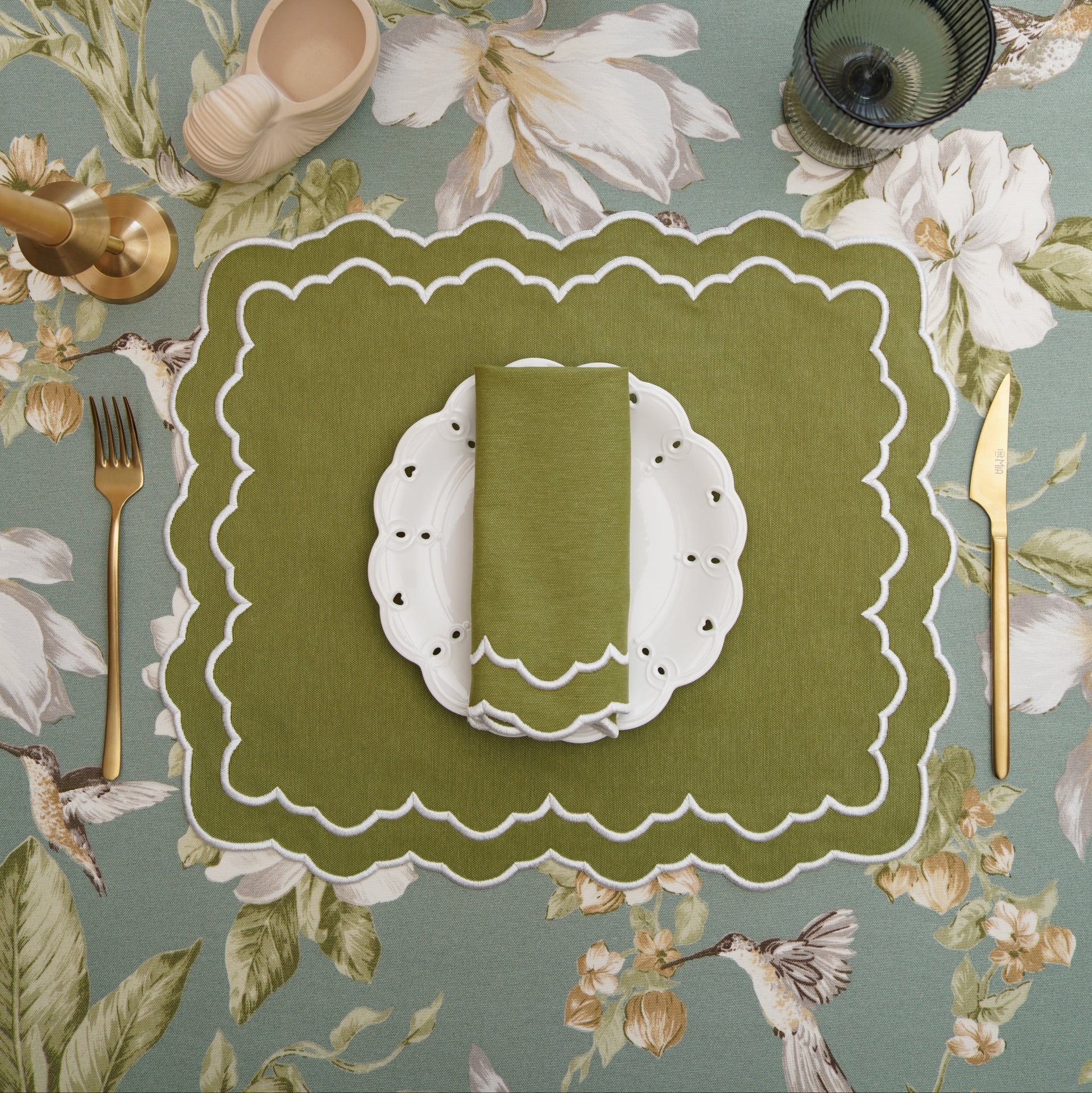 Misty Hummingbird Floral Rectangular Table Linen, Premium Cotton Blend, Eco-Friendly, Water-Repellent, Simple Care, Custom Sizing, USA Shipping