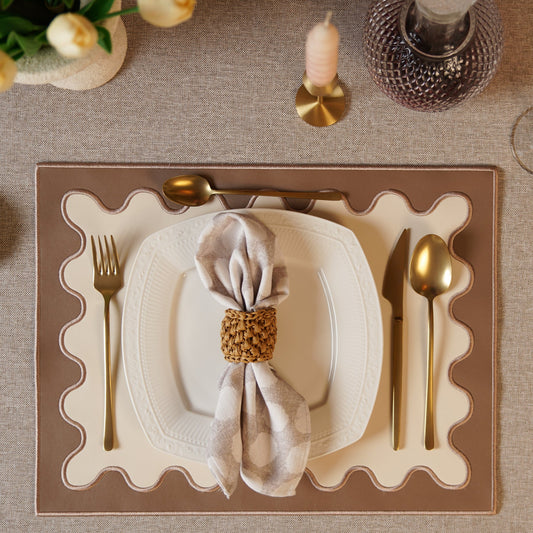 Lustre Light Brown Rectangle Faux Leather Placemat – expertly handcrafted from eco-friendly, vegan faux leather with elegant embroidery and double-layered design, stain-resistant and durable. Exclusively by PNR Decor.