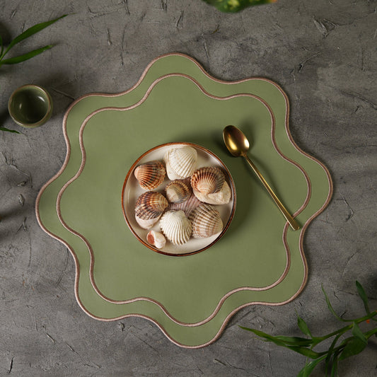 Haven Light Green Wavy Edge Faux Leather Placemat – expertly handcrafted from eco-friendly, vegan faux leather with elegant embroidery and double-layered design, stain-resistant and durable.