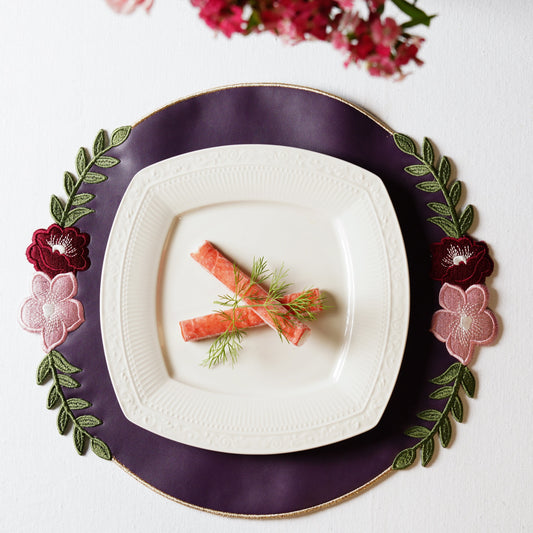 Jasmine Purple Orange Faux Leather Placemat – expertly handcrafted from eco-friendly, vegan faux leather with elegant embroidery and double-layered design, stain-resistant and durable. Exclusively by PNR Decor.