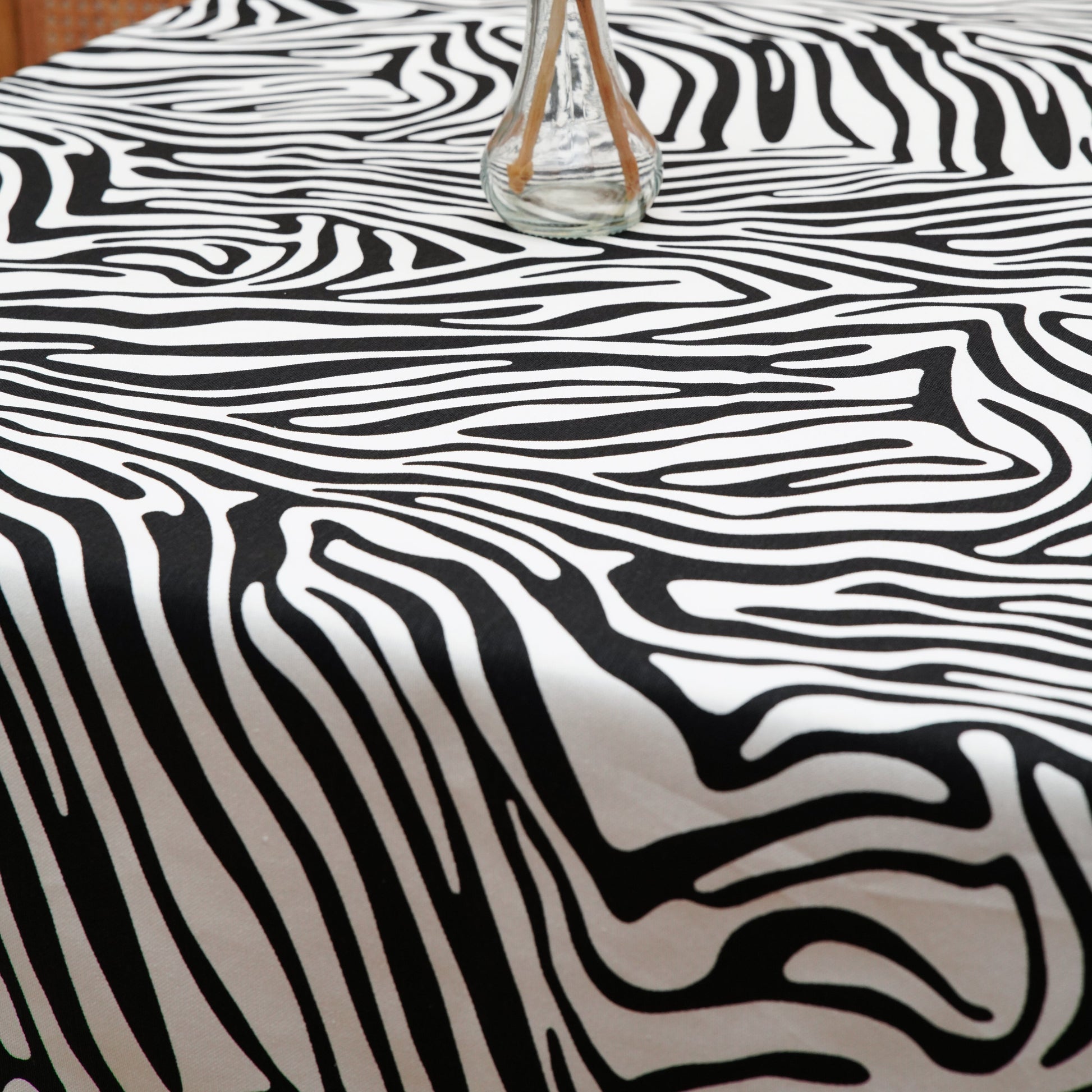 Zephyr Zebra Pattern Tablecloth (Black/White), Luxury Cotton-Blend Rectangle Linen, Eco Friendly, Spill-Resistant, Easy Maintenance, Custom Sizes, USA Delivery
