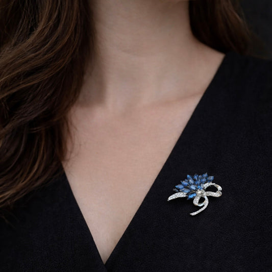 Midnight Bloom blue crystal brooch with deep sapphire tones and sparkling rhinestones, elegant jewelry, Ship From USA, by Pnr Decor.