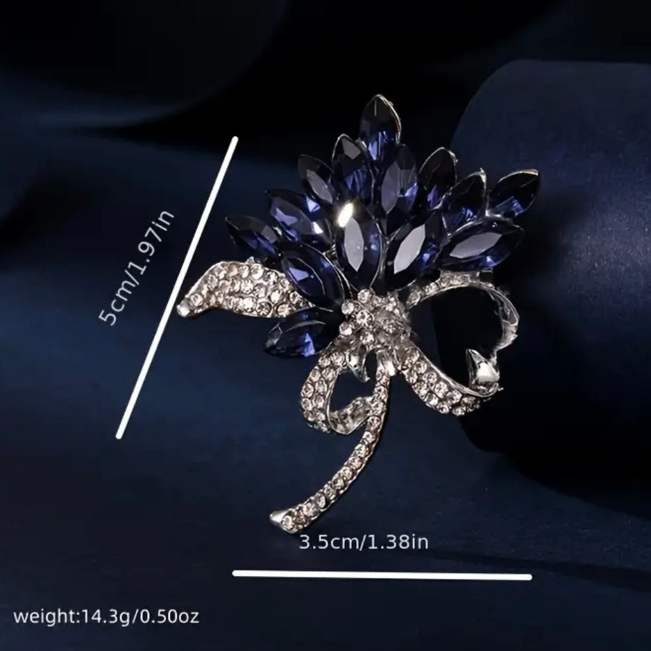 Blue crystal brooch styled on a blazer or coat for a chic evening look, Ship From USA, by Pnr Decor.
