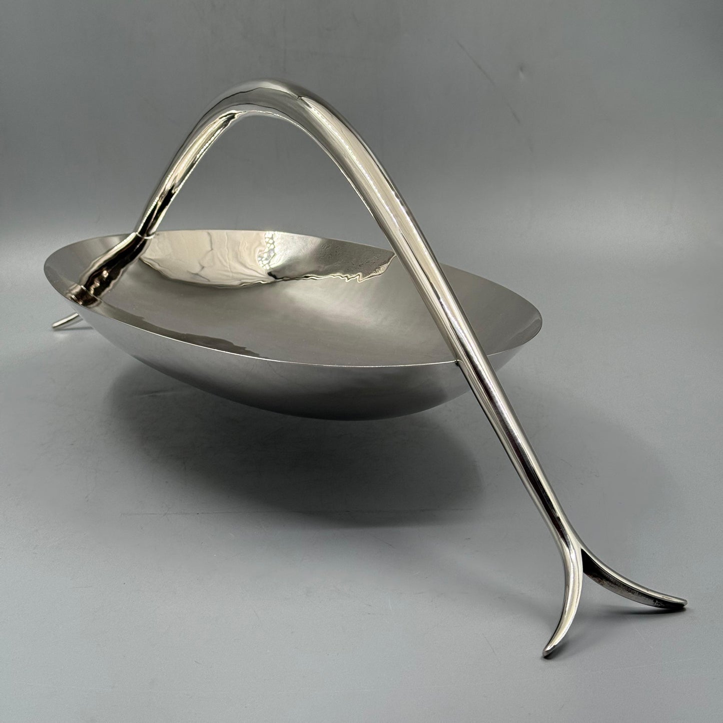 Sleek silver centerpiece bowl with architectural bridge handle by PNR Decor ship from USA