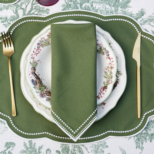 Luxury handmade embroidered cotton placemat featuring intricate stitching, great for rustic wedding table decoration, made to order with USA delivery.