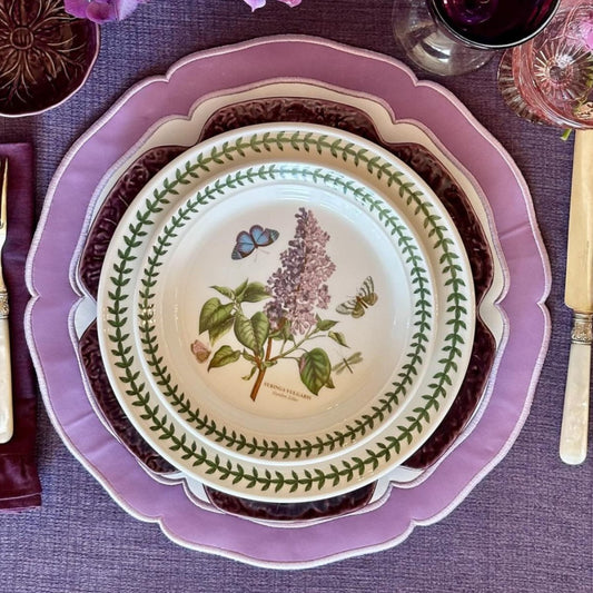 Clarion White Purple Round Faux Leather Placemat – expertly handcrafted from eco-friendly, vegan faux leather with elegant embroidery and double-layered design, stain-resistant and durable.