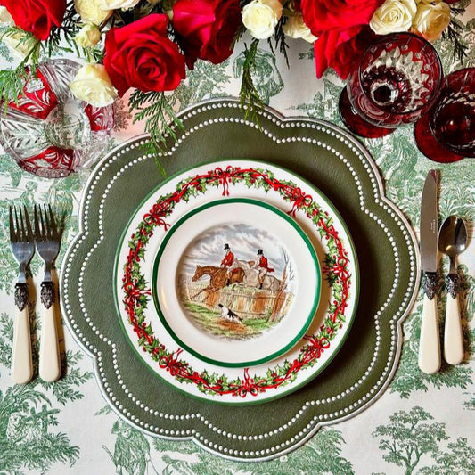Elegant spring tablescape with the double-layered green faux leather placemat for durable seasonal dining