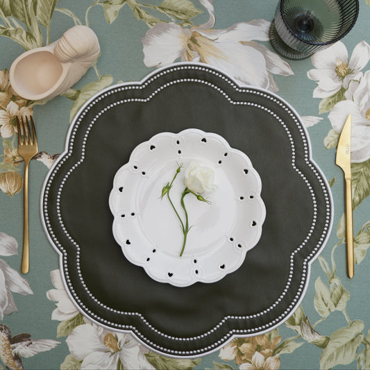 Handcrafted Green Scalloped Placemat – Nurture Series – water-resistant and easy to clean, made from high-quality vegan leather with intricate stitching, perfect for everyday or formal dining.