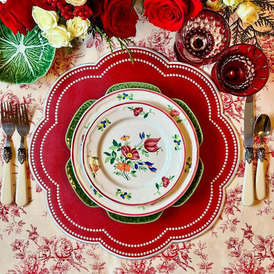 Nurture Red Round Faux Leather Placemat  – detailed shot highlighting the stain-resistant, handcrafted quality and layered construction of the faux leather surface. Exclusively by PNR Decor.