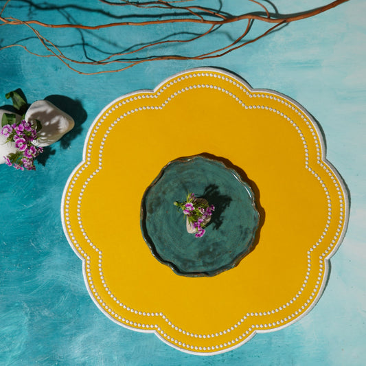 Nurture Yellow Round Faux Leather Placemat – expertly handcrafted from eco-friendly, vegan faux leather with elegant embroidery and double-layered design, stain-resistant and durable. Exclusively by PNR Decor.