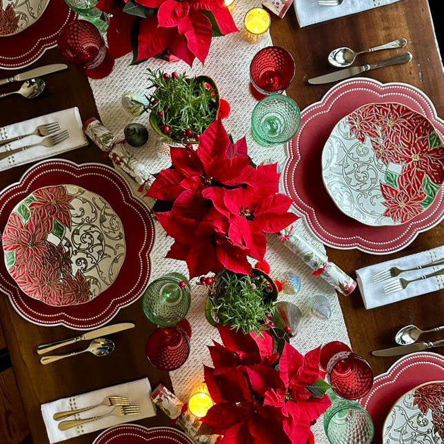 Nurture classic Christmas red scalloped vegan leather placemat arranged for a festive holiday tablescape by PNRDECOR ship from USA