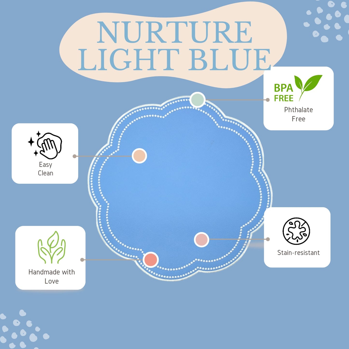 Pastel table decor highlighting the waterproof and stain-resistant blue faux leather mat for effortless spring hosting