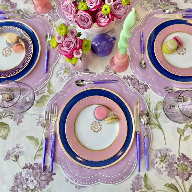 Nurture luxury holiday purple scalloped vegan leather placemat arranged for an elegant festive tablescape by PNRDECOR ship from USA