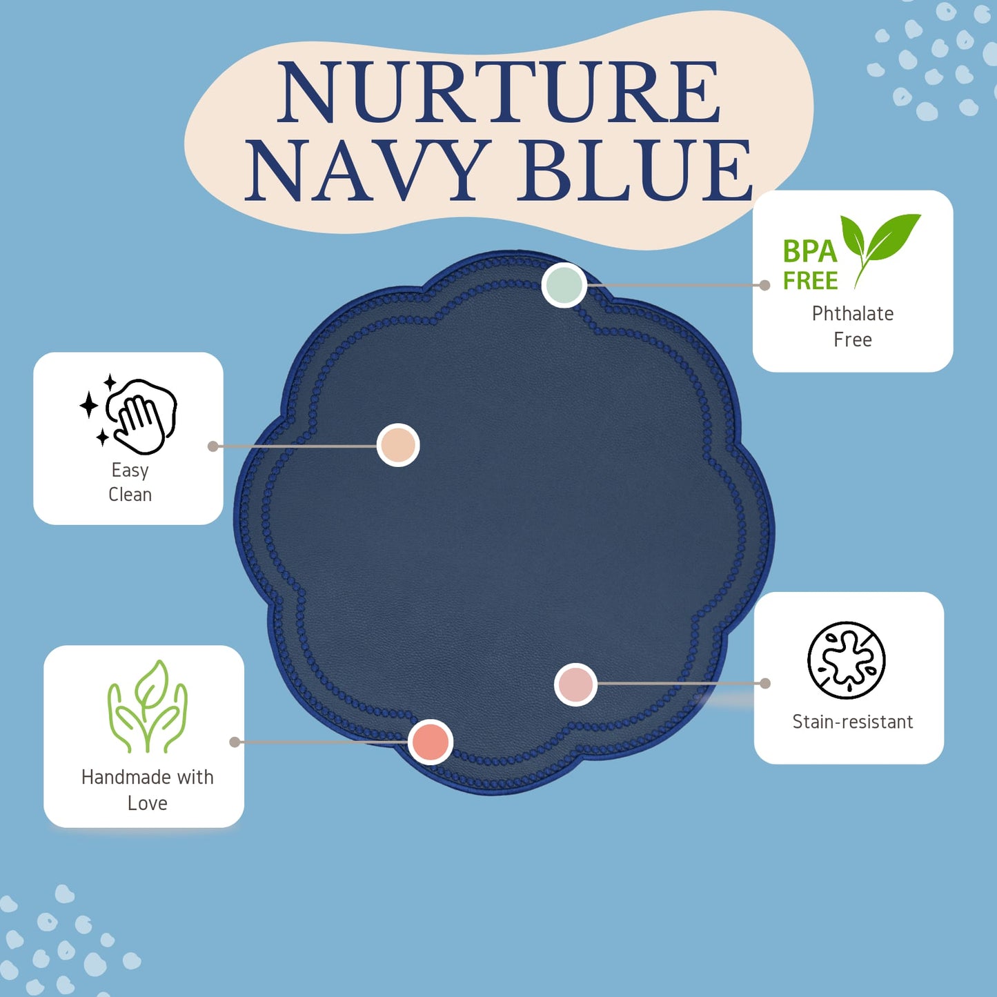 Nurture navy blue faux leather scalloped placemat styled for an elegant modern table setting by PNRDECOR ship from USA