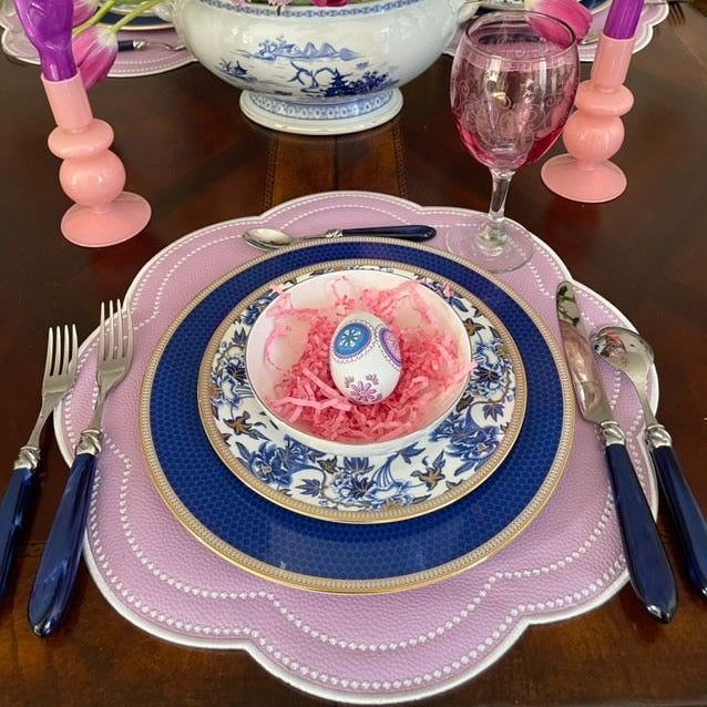 Nurture purple faux leather scalloped placemat styled with plates for festive dining by PNRDECOR ship from USA
