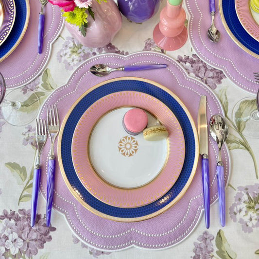 Nurture purple faux leather scalloped placemat styled for a luxury holiday table setting by PNRDECOR ship from USA