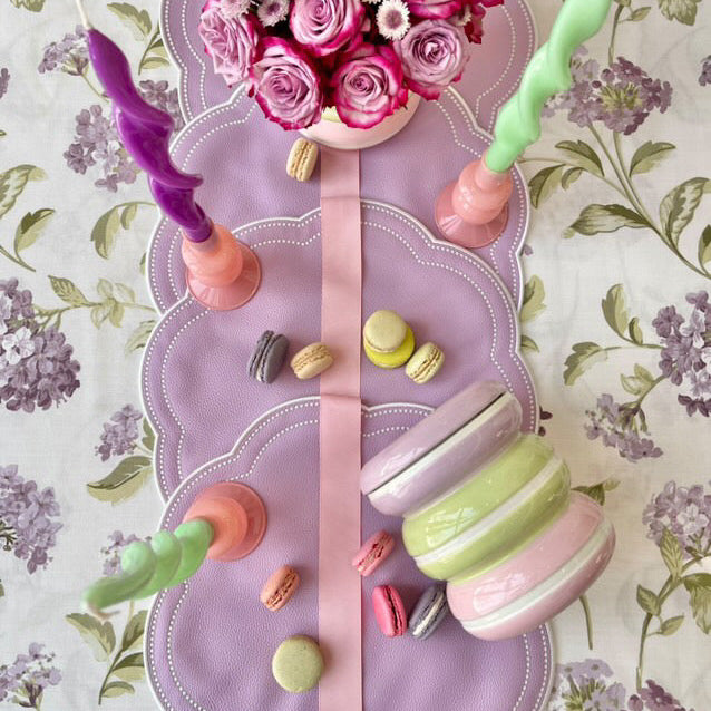 Nurture purple scalloped faux leather placemat shown in a refined holiday table decor setup by PNRDECOR ship from USA