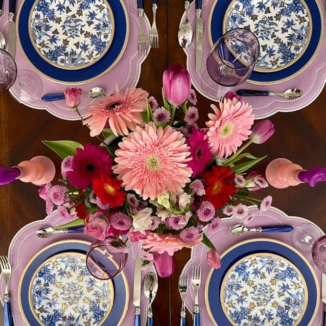 Nurture purple vegan leather scalloped placemat featured in a luxury holiday tablescape by PNRDECOR ship from USA